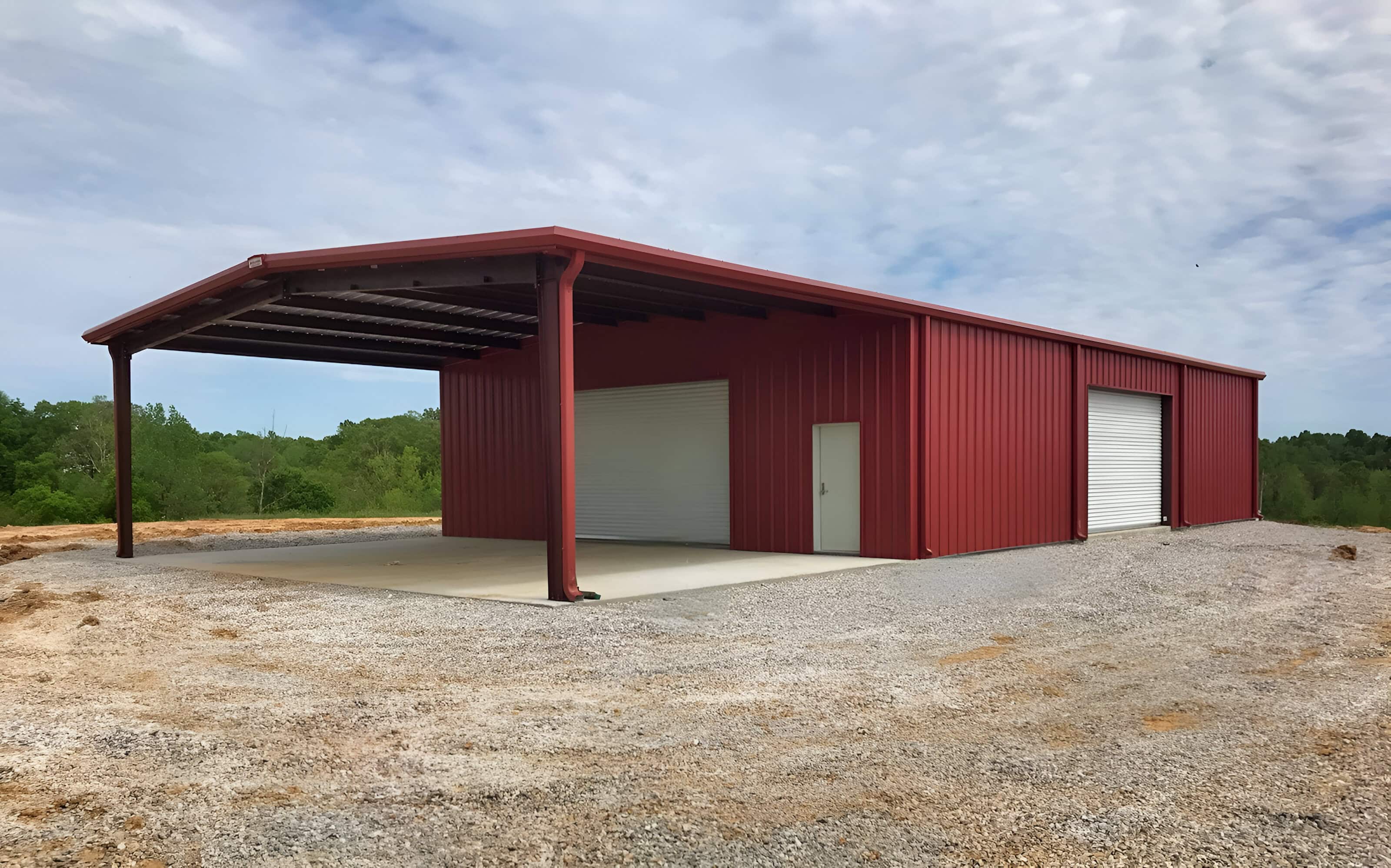 Red Metal Building with Open / Inset Bay Design